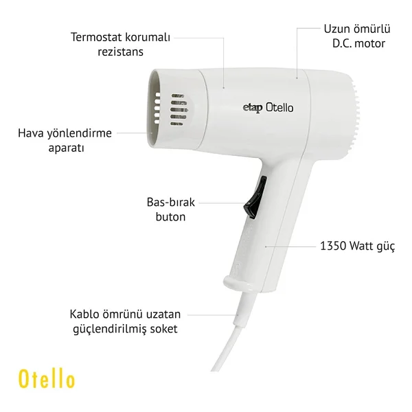 Etap Otello 1350 W Duvara Monte Otel Tipi Saç Kurutma Makinesi 1 Kademe Hız Ayarı İle Beyaz - Görsel 3