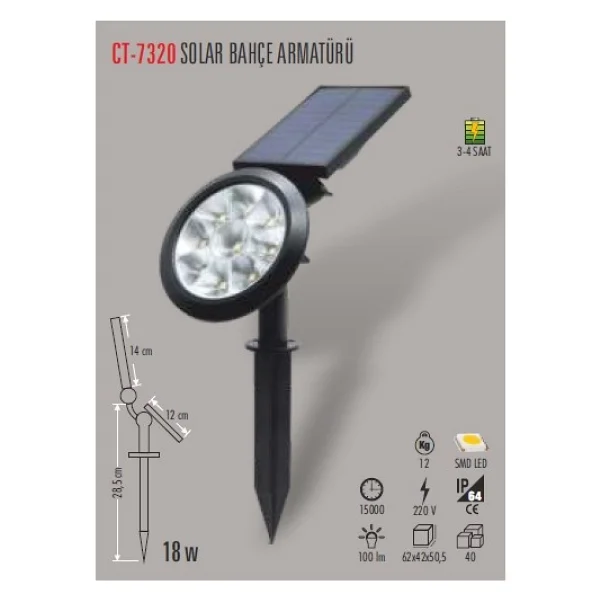Cata Ct-7320 Mila 18 W Amber Işık Kazıklı LED Solar Bahçe Armatürü - Görsel 6