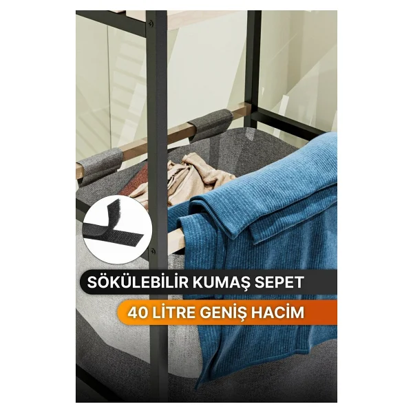 Bino Çamaşır Sepeti Ahşap Raflı Kirli Sepeti 2 Katlı Büyük Boy Kapaklı Çok Amaçlı Banyo Düzenleyici - Görsel 7