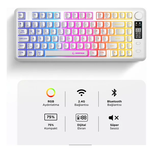 Rampage Zeron Rm-K87 RGB %75 Tkl Membrane Switch Kablosuz Oyuncu Klavyesi - Görsel 2