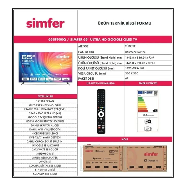 Simfer 65sf900q 4K Ultra HD 65" 165 Ekran Uydu Alıcılı Google Smart QLED TV - Görsel 10
