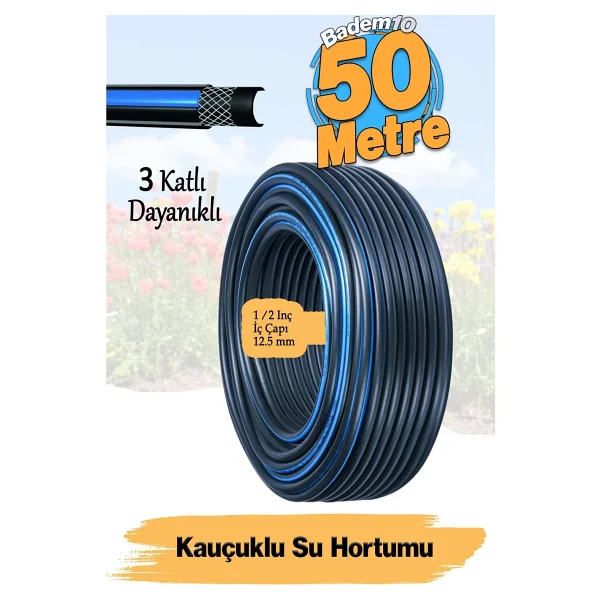 Termo Kauçuklu Bahçe Hortumu 50 Metre Dayanıklı 3 Katlı Sağlam Su Sulama Yıkama Hortum 12.5 Mm 1/2" - Görsel 7