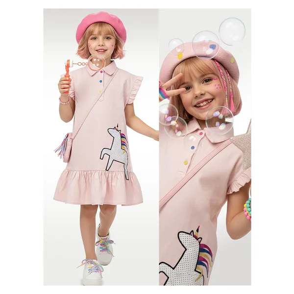 Denokids Kız Çocuk Elbise Unicorn Aplikeli %100 Pamuk Gömlek Stil Elbise 4-9 Yaş - Pembe - Görsel 8