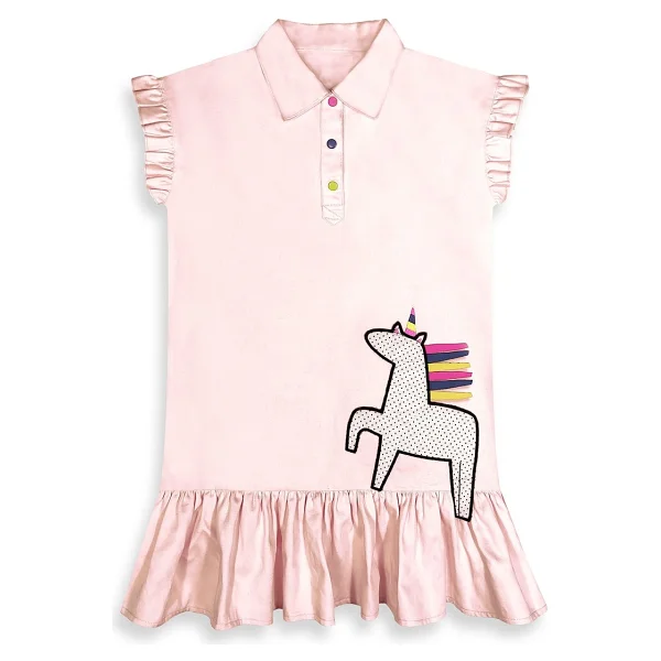 Denokids Kız Çocuk Elbise Unicorn Aplikeli %100 Pamuk Gömlek Stil Elbise 4-9 Yaş - Pembe - Görsel 4