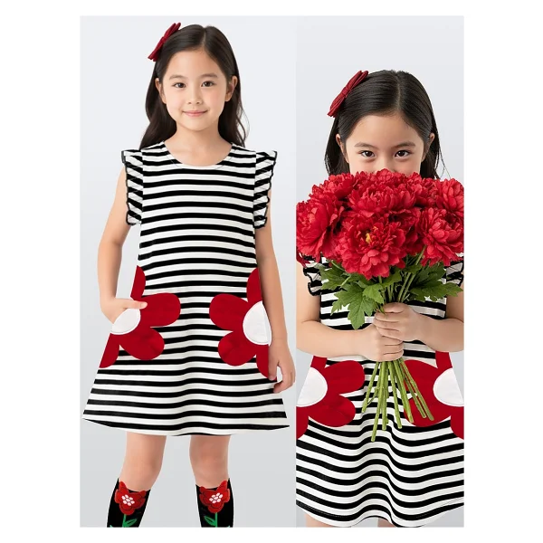 Denokids Kız Çocuk Çiçekli Elbise Siyah Beyaz Çizgili Ilkbahar Yaz Sezonu 3-6 Yaş - Çok Renkli - Görsel 8