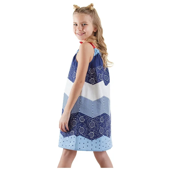 Denokids Lacivert Beyaz Desenli Poplin Kız Çocuk Elbise - 5 Yaş - Görsel 2