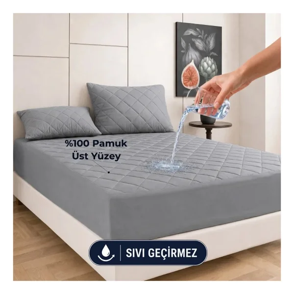 Formeya Gri %100 Pamuk Kapitone Fitted Su Sıvı Geçirmez Yatak Koruyucu Tek-Çift Kişilik-Battal Yatak Alezi - 160 X 200 Cm - Görsel 9
