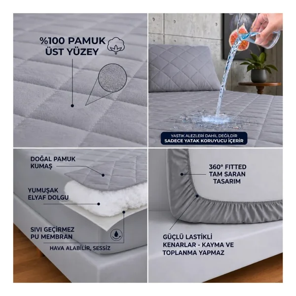 Formeya Gri %100 Pamuk Kapitone Fitted Su Sıvı Geçirmez Yatak Koruyucu Tek-Çift Kişilik-Battal Yatak Alezi - 160 X 200 Cm - Görsel 2