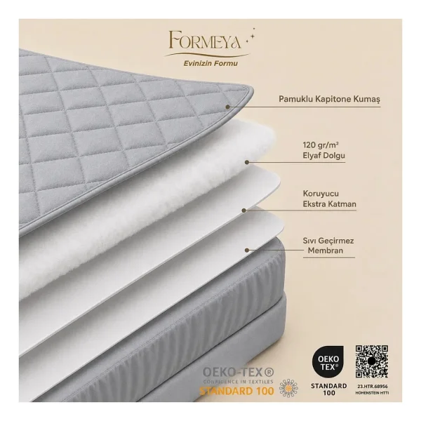Formeya Gri %100 Pamuk Kapitone Fitted Su Sıvı Geçirmez Yatak Koruyucu Tek-Çift Kişilik-Battal Yatak Alezi - 160 X 200 Cm - Görsel 3