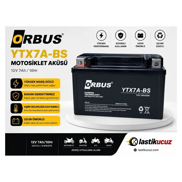 Orbus 12v 7amper Alçak Motosiklet Aküsü (Ebatlar: 150x87x94mm) - Görsel 2