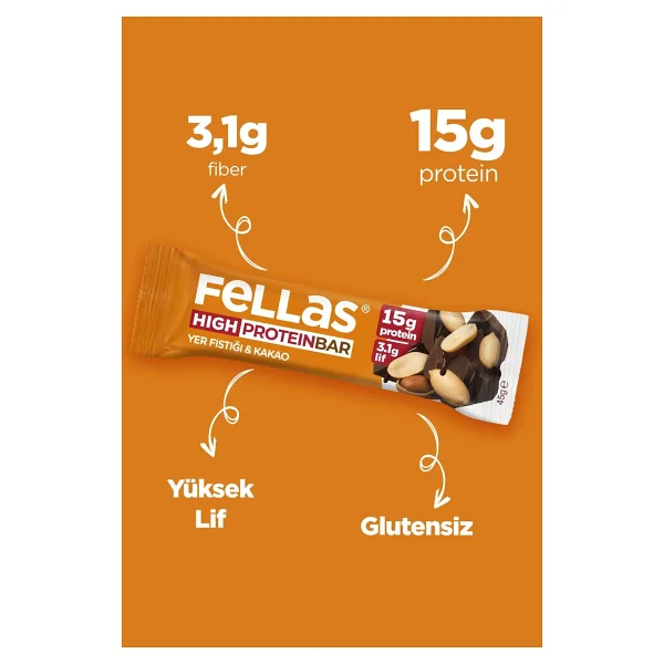 Fellas Yüksek Protein Bar - Yer Fıstıklı Ve Kakaolu (45 G) X 12 Adet - Görsel 3