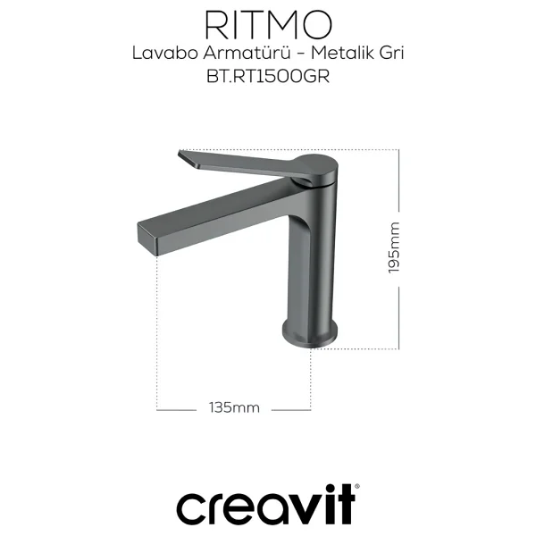 Creavit Rt1500gr Ritmo Metalik Gri Lavabo Bataryası - Görsel 3