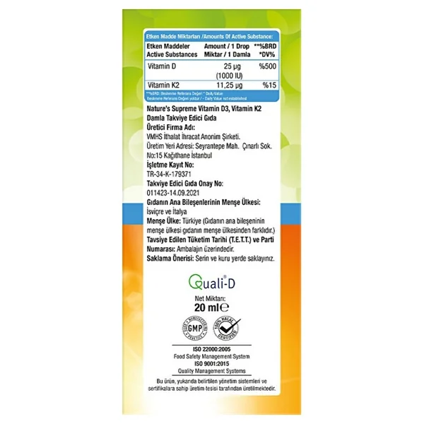 Nature's Supreme Vitamin D3 + K2 20 Ml Damla - Görsel 3