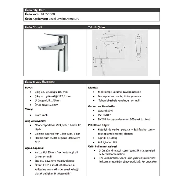 Creavit Bevel Batarya Seti 3'lü Banyo-Lavabo-Eviye - Krom - Görsel 6