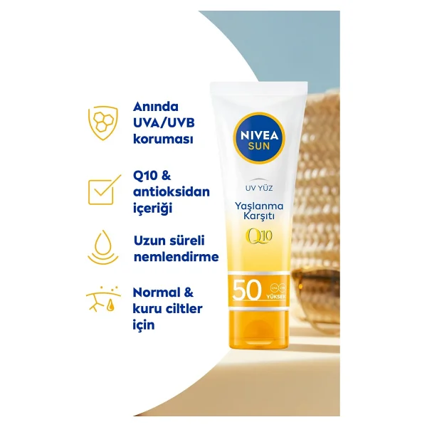Nıvea Sun Q10 Yaşlanma Karşıtı Güneş Koruyucu Yüz Kremi 50ml Ve Böğürtlen Dudak Bakım Kremi, Çanta Hediye - Görsel 3