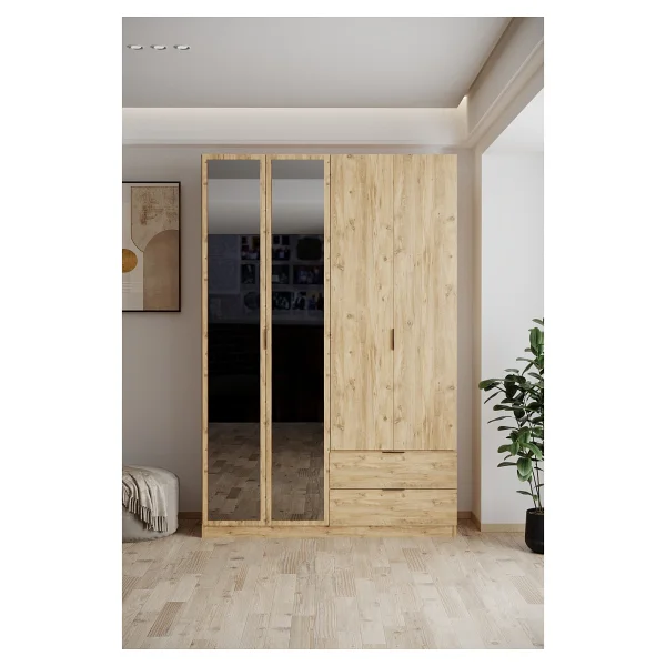 Evdemo Yakut Aynalı 4 Kapaklı 2 Çekmeceli Gardırop 210 Cm Atlantik Çam - Görsel 6