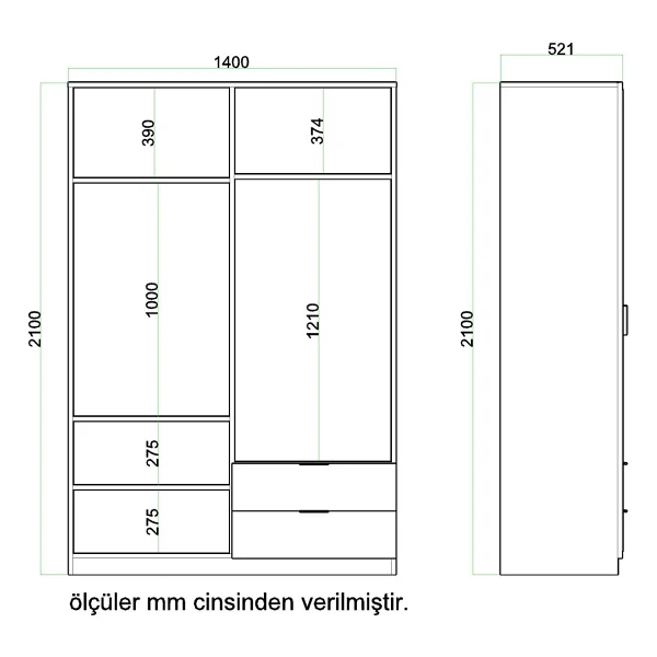 Evdemo Yakut Aynalı 4 Kapaklı 2 Çekmeceli Gardırop 210 Cm Atlantik Çam - Görsel 5
