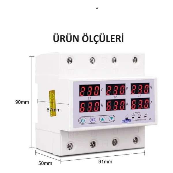 Tomzn Gerilim Ve Akım Koruma Rölesi Voltaj Koruyucu 63a 3 Fazlı - Ev Tipi - Ayrışık Faz Koruma - Görsel 10