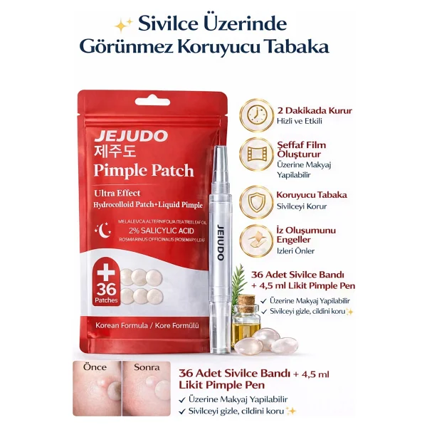 Jejudo Pimple Patch,Akne Bandı(9mm&12mm)+4,5 Ml Likit Pimple Pen,%100 Hidrokolloid,%2 Salisilik Asit - Görsel 6