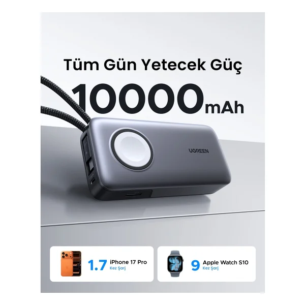 Ugreen 55434b 10000 mAh Hızlı Şarj Kablosuz Powerbank - Görsel 5