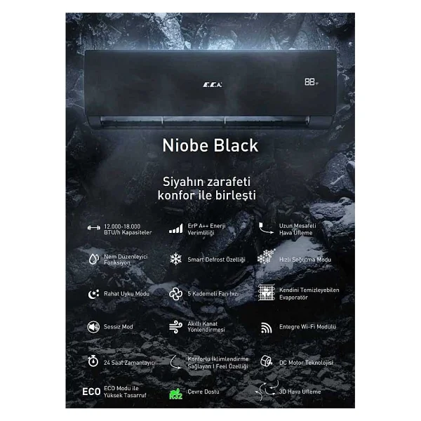 E.C.A. Niobe Black Wi-Fi Esa1712a100 A++ 12.000 Btu Inverter Duvar Tipi Klima - Görsel 5