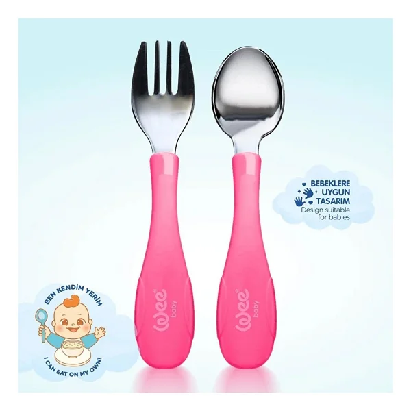 Wee Baby Pembe Paslanmaz Çelik Kaşık Çatal Seti - Görsel 8