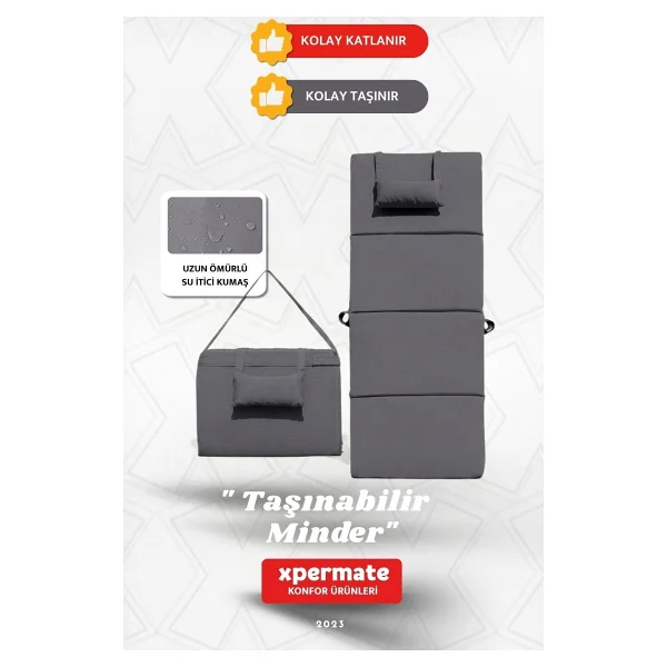 Xpermate Katlanır Kamp Matı Şezlong Minderi Taşınabilir Kamp Yatağı Su Itici Kumaş 180x60x2 - Gri - Görsel 3