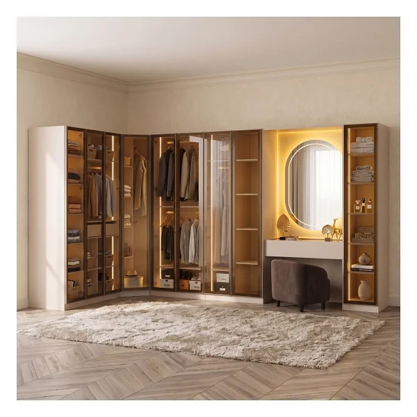 Eymense Lora Camlı Gardırop %100 Mdf Makyaj Üniteli Puflu Köşe Full Set Modüler Giyinme Odası Dolabı - Bej - Görsel 10