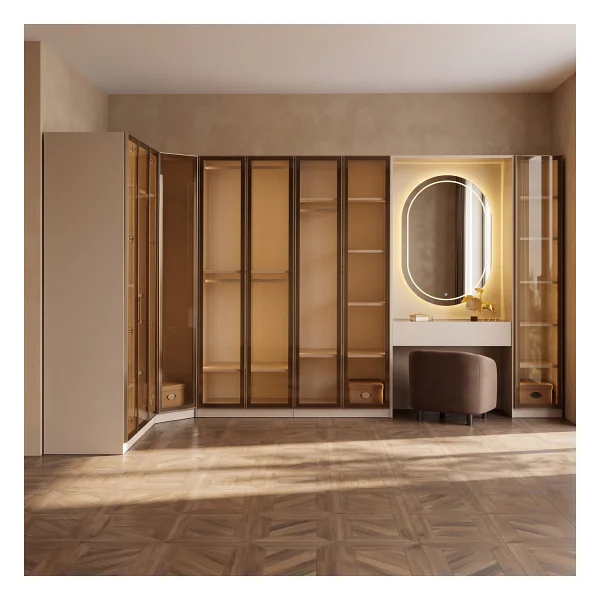 Eymense Lora Camlı Gardırop %100 Mdf Makyaj Üniteli Puflu Köşe Full Set Modüler Giyinme Odası Dolabı - Bej - Görsel 2
