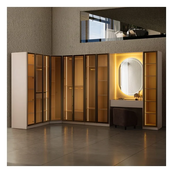 Eymense Lora Camlı Gardırop %100 Mdf Makyaj Üniteli Puflu Köşe Full Set Modüler Giyinme Odası Dolabı - Bej - Görsel 3