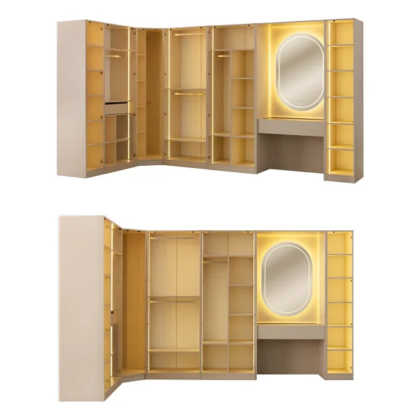 Eymense Lora Camlı Gardırop %100 Mdf Makyaj Üniteli Puflu Köşe Full Set Modüler Giyinme Odası Dolabı - Bej - Görsel 5