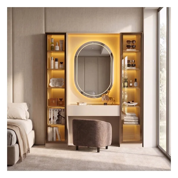 Eymense Lora Camlı Gardırop %100 Mdf Makyaj Üniteli Puflu Ikili Modüler Giyinme Odası Dolabı - Bej - Görsel 8