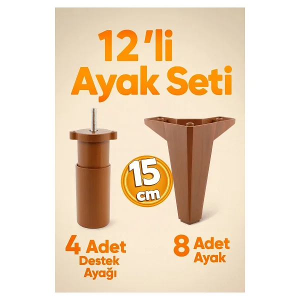 Badem10 Sedir 12'li Set Mobilya TV Ünitesi Çekyat Koltuk Kanepe Destek Ayağı 15 Cm Kahverengi Baza Ayak - Görsel 6