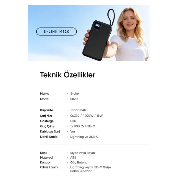 S-link M120 Siyah 10000 mAh Kablosuz Powerbank - Görsel 10