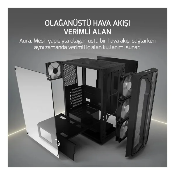 Gamepower Aura 4x120mm Siyah Fan A-RGB Şerit LED 650w 80+ Bronze Power Supply Gaming Kasa - Görsel 2