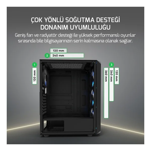 Gamepower Aura 4x120mm Siyah Fan A-RGB Şerit LED 650w 80+ Bronze Power Supply Gaming Kasa - Görsel 6