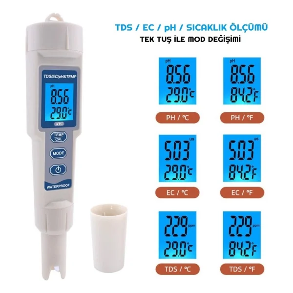 Hubstein 4 In 1 Kalem Tipi Ph Ec Tds Sıcaklık Ölçer LED Ekranlı Su Kalite Test Ölçüm Cihazı - Görsel 5