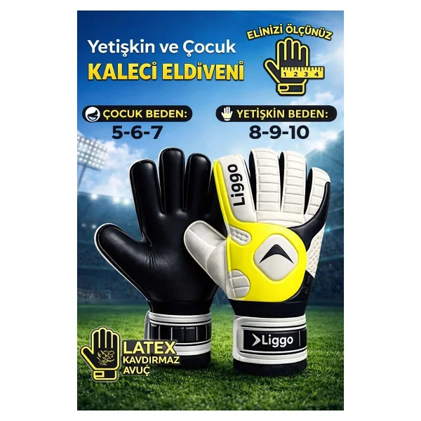 Liggo Reflex Yetişkin Ve Çocuk Kaleci Eldiveni Bilek Bandajlı 5-6-7-8-9-10 Numara - Yeşil - Görsel 4