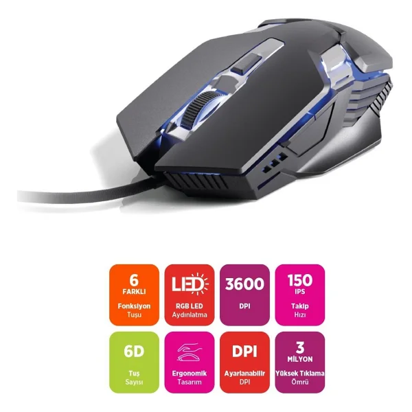 Polosmart Pgm37 Kablolu RGB LED Aydınlatmalı 6 Tuşlu 3600dpı Gaming Oyuncu Mouse Siyah - Görsel 3