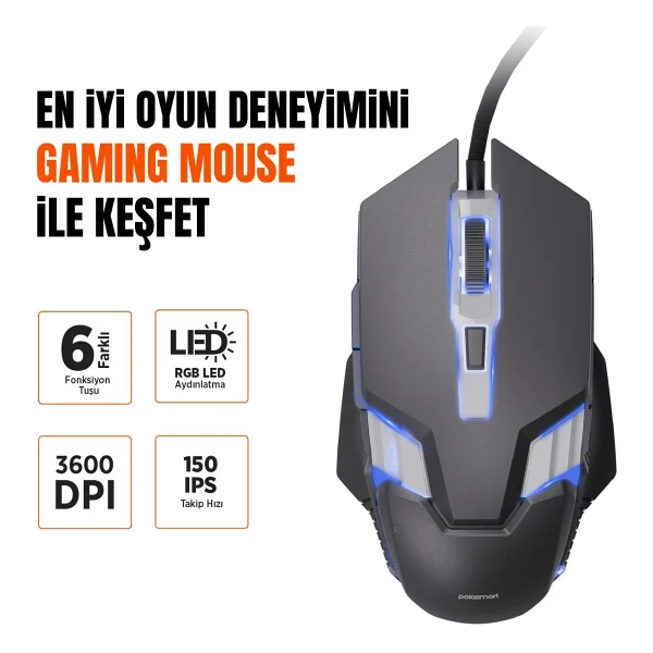 Polosmart Pgm37 Kablolu RGB LED Aydınlatmalı 6 Tuşlu 3600dpı Gaming Oyuncu Mouse Siyah - Görsel 4