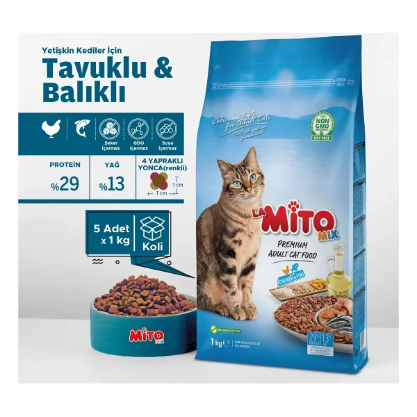 Mito Mix 1 Kg X 5 Adet Tavuklu Ve Balıklı Renkli Taneli Yetişkin Kedi Maması Tüm Irklar İçin - Görsel 8
