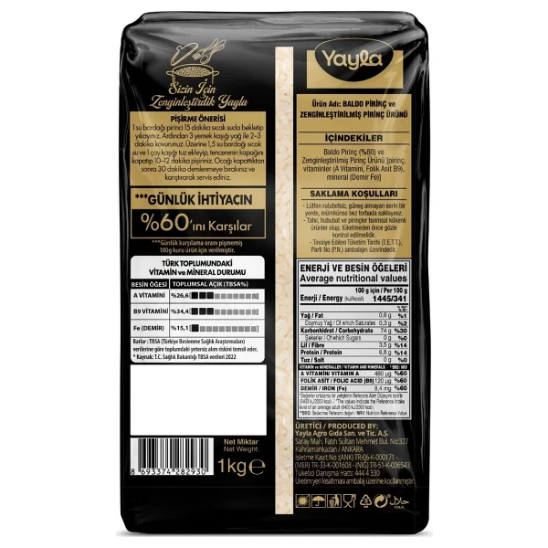 Yayla Baldo Pirinç Ve Zenginleştirilmiş Pirinç Ürünü (A+B9+Fe) 1 Kg - Görsel 2