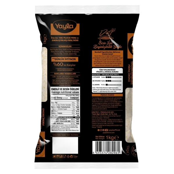 Yayla Yerli Pilavlık Pirinç Ve Zenginleştirilmiş Pirinç Ürünü (A+B9+Fe) 1 Kg - Görsel 2