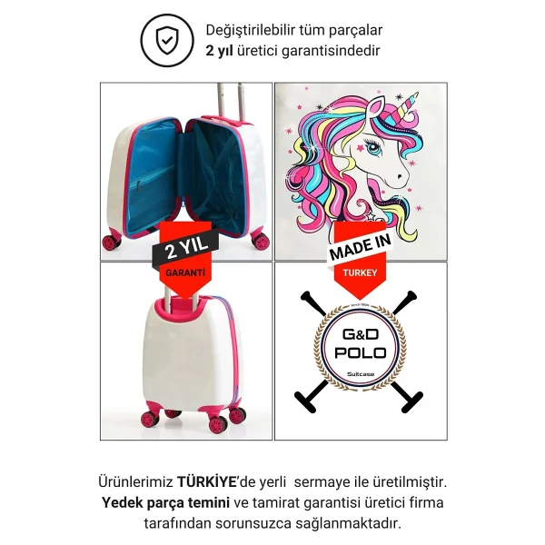 G&D Polo Suitcase Gedox Kids Pembe Beyaz Unicorn Desenli Kız Çocuk Valizi 152 - Beyaz - Pembe - Görsel 6