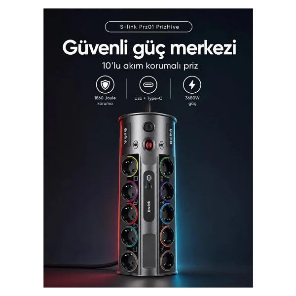 S-Link Prz01 Prizhive 3 M 10'lu Akım Korumalı Priz - Görsel 9