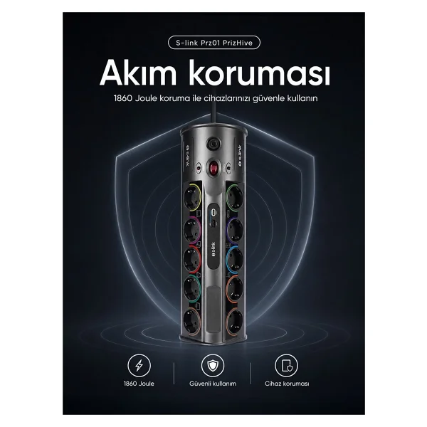 S-Link Prz01 Prizhive 3 M 10'lu Akım Korumalı Priz - Görsel 2