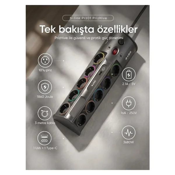 S-Link Prz01 Prizhive 3 M 10'lu Akım Korumalı Priz - Görsel 3
