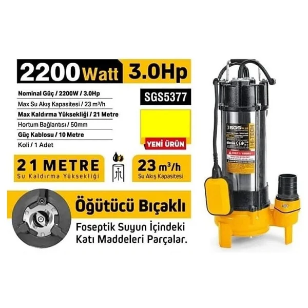 Sgs Sgs5377 İnox Foseptik Dalgıç Pompa Kirli Su 2200w / 3.0 Hp - Öğütücü Bıçaklı - Görsel 3