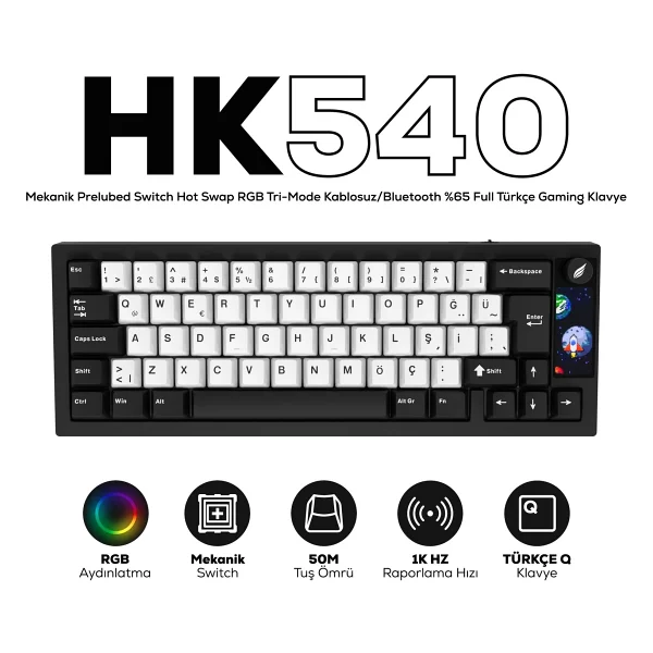 Hawk Gaming Chair Hk540 RGB %65 Prelubed Switch Kablolu/Kablosuz Mekanik Oyuncu Klavyesi - Görsel 10