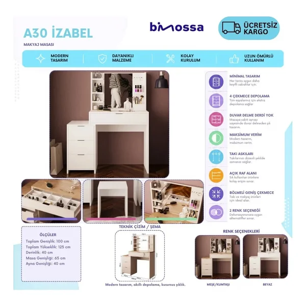 Bimossa A3060 İzabel Makyaj Masası Sepet-Kumtaşı Aynalı, 3 Çekmeceli Yan Dolaplı, Raflı, Fonksiyonel Tasarım - Görsel 3